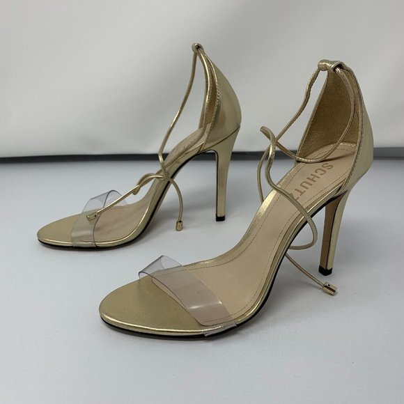 Schutz JOSSEANA Sandal Womens 8.5B Gold Vinyl/Metallic/Platina Strap Ankle S0419 - Picture 4 of 10